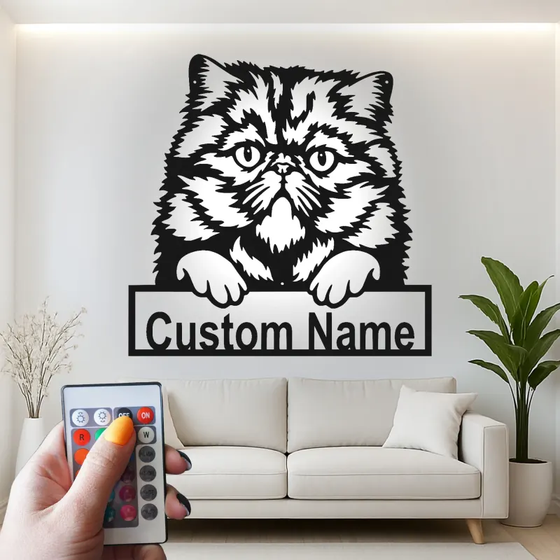 Cartel de metal LED de gato persa personalizado, regalo para amantes de mascotas, decoración para dormitorio o sala de estar 2