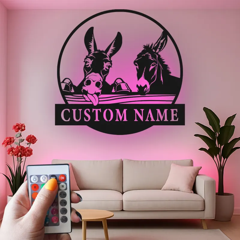 Custom Donkey Duo Led Light Metal Wall Art Personalized Farmhouse Gift Rustic Home Decor for Animal Lovers