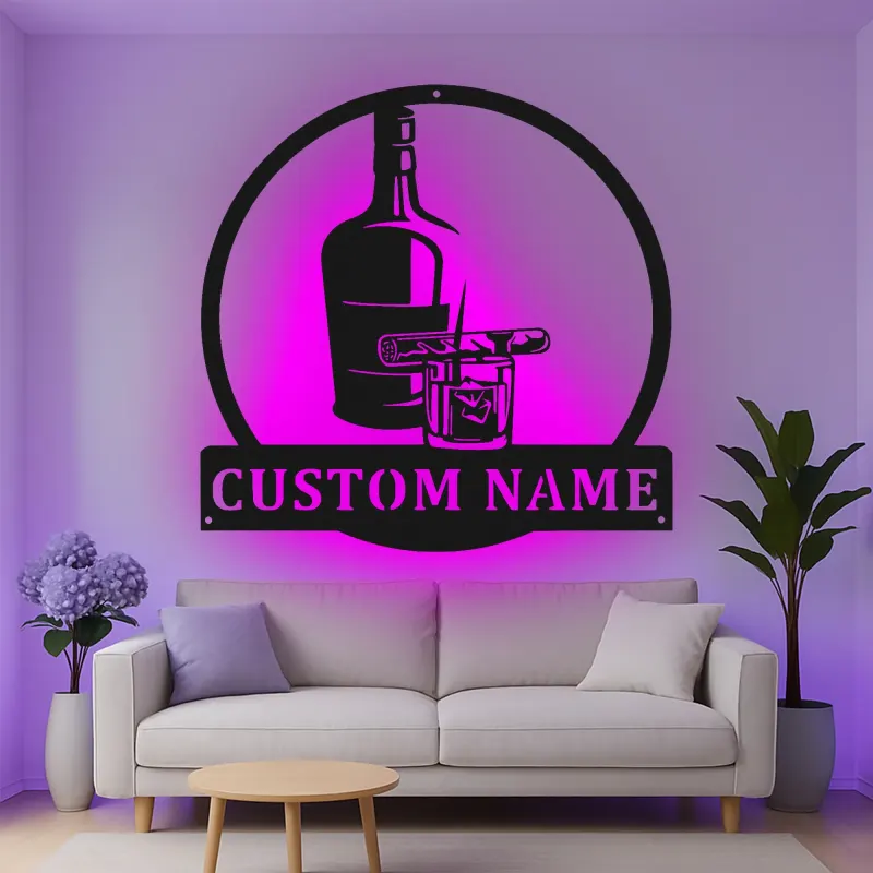 Décoration murale en métal personnalisée pour whisky et cigare avec rétroéclairage LED - Cadeau de bar personnalisé pour lui