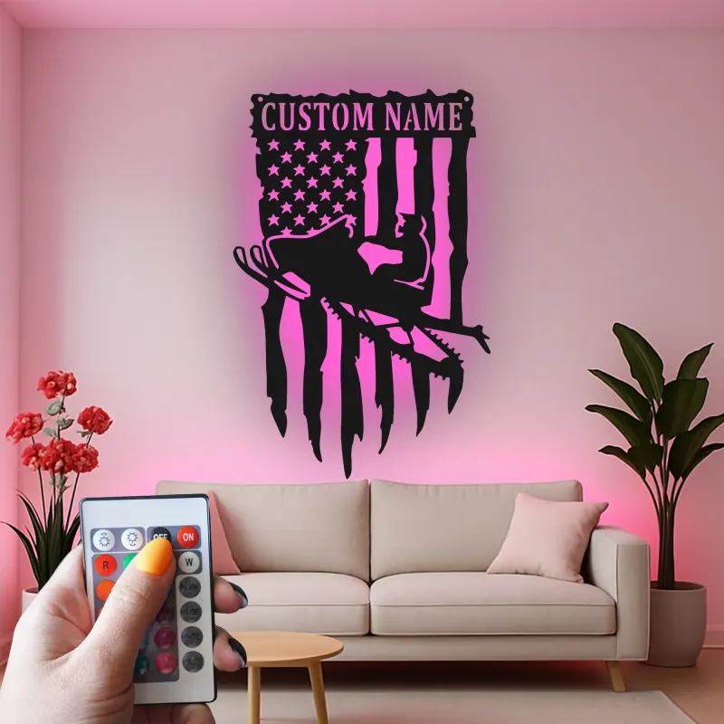 Cartel de metal personalizado de moto de nieve | Arte mural LED de bandera americana | Decoración de cueva de hombre personalizada y regalo patriótico para motorista