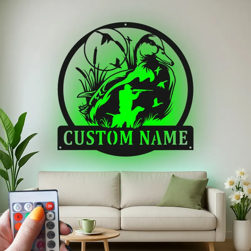 Insegna in metallo personalizzata con luce LED caccia anatre regalo per cacciatori decorazione per man cave o baita 1
