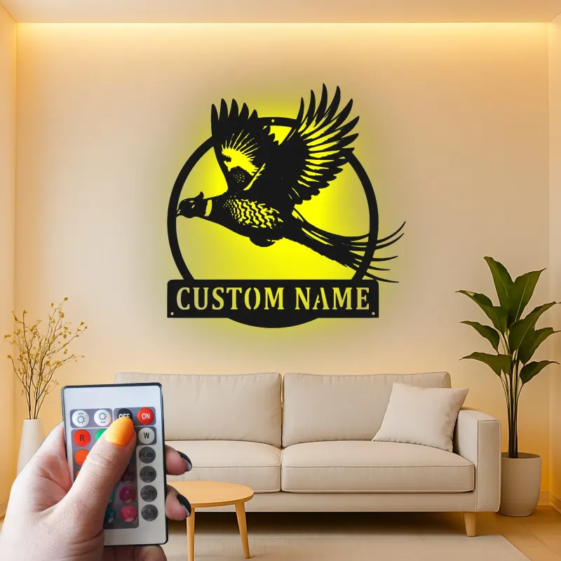 Arte da parete in metallo con fagiano | Insegna LED personalizzata per rifugio di caccia | Regalo su misura per cacciatori e arredo lodge | Sagoma realistica di uccello