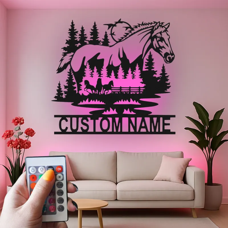 Arte murale in metallo LED personalizzata per cavalli | Decorazioni equestri per ranch | Segnaletica per stalle e regalo per amanti dei cavalli