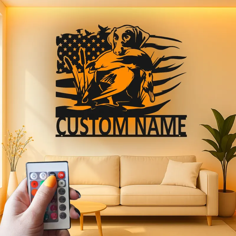 Personalized Labrador Hunting Sign | LED Metal Wall Art for Hunters | Custom Duck Hunting Decor with American Flag | Gift for Cabin