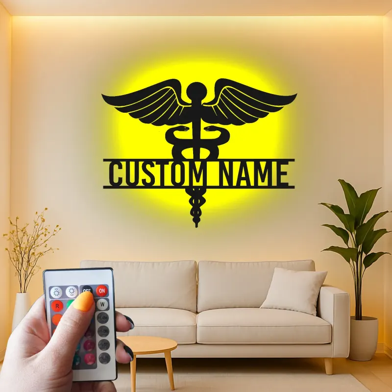 Art mural en métal Caduceus personnalisé | Panneau médical rétroéclairé LED | Décor de bureau de médecin personnalisé | Cadeau pour professionnels de la santé