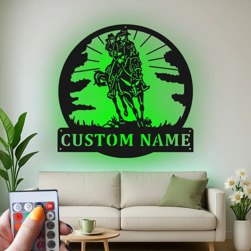Décoration murale en métal personnalisée représentant un couple de cowboys à cheval avec rétroéclairage LED - Cadeau western - Décor rustique pour la maison