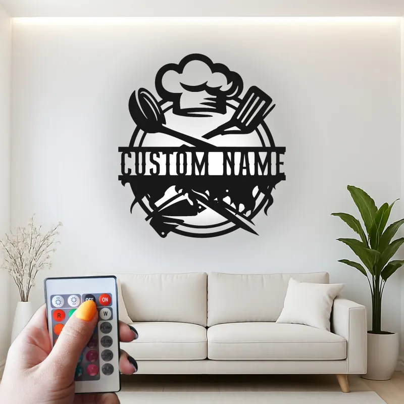 Personalisiertes Metall-Wandbild mit Kochmütze und LED-Beleuchtung – Küchen-Geschenk mit Namen