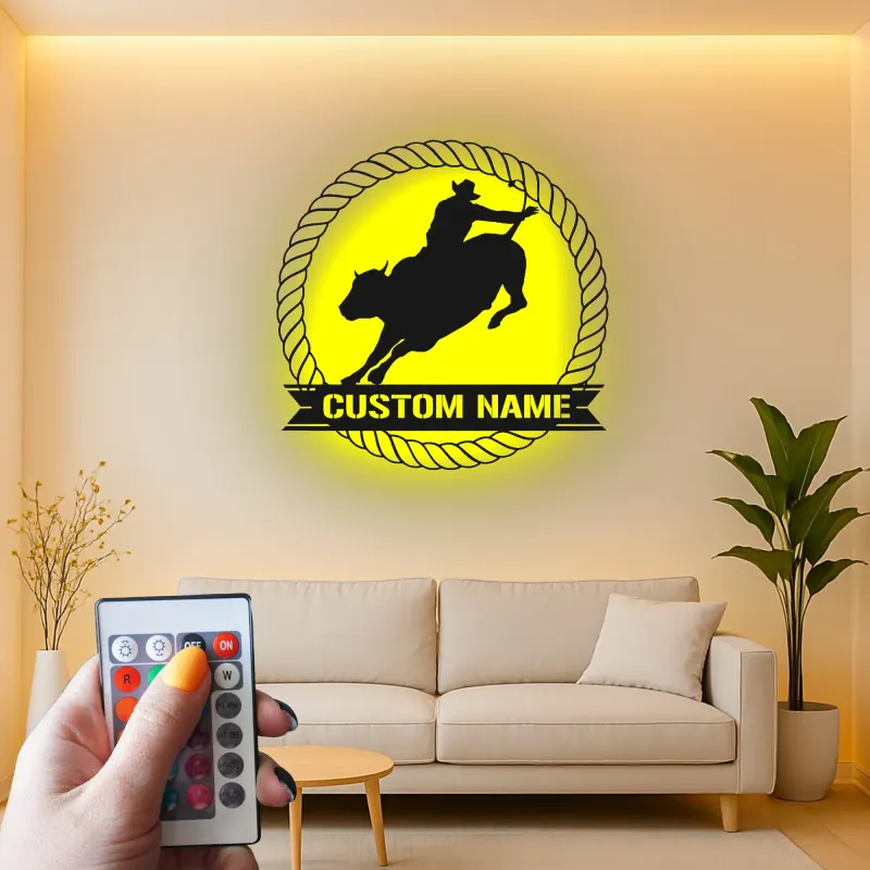 Cartel de metal LED personalizado de vaquero de rodeo regalo occidental para él decoración rústica de cueva de hombre