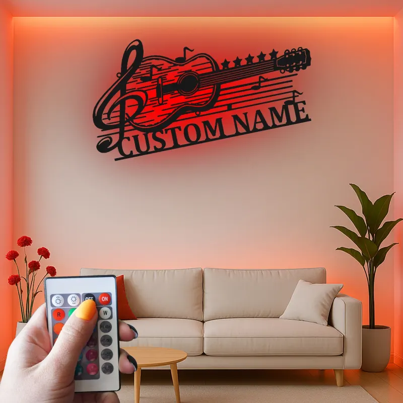 Personalized Guitar Metal Sign with LED | Custom Music Notes Wall Art | Musician Name Plate for Studio Decor
