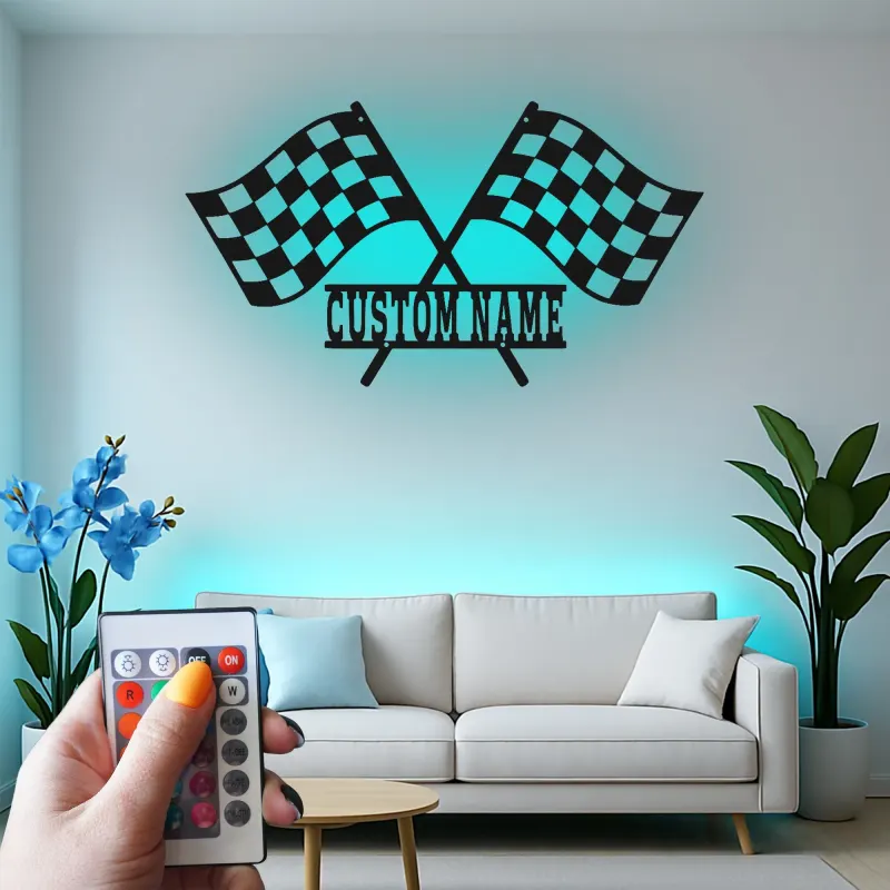 Panneau en métal LED de drapeaux de course personnalisé | Décor de garage personnalisé | Art mural à damier de sport automobile | Cadeau pour coureur