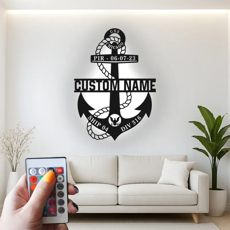 Custom Anchor LED Sign | Personalized Navy Family Gift | Metal Maritime Wall Art for Coastal Home Decor