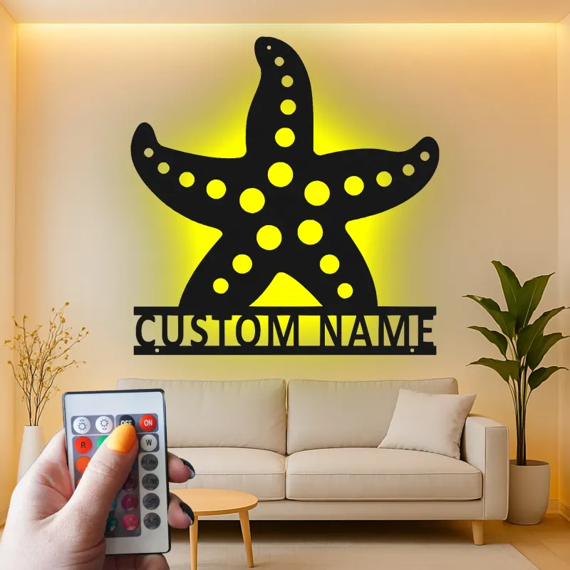 Enseigne étoile de mer personnalisée | Art mural en métal LED pour décor côtier | Plaque de nom de maison de plage personnalisée | Cadeau à thème nautique