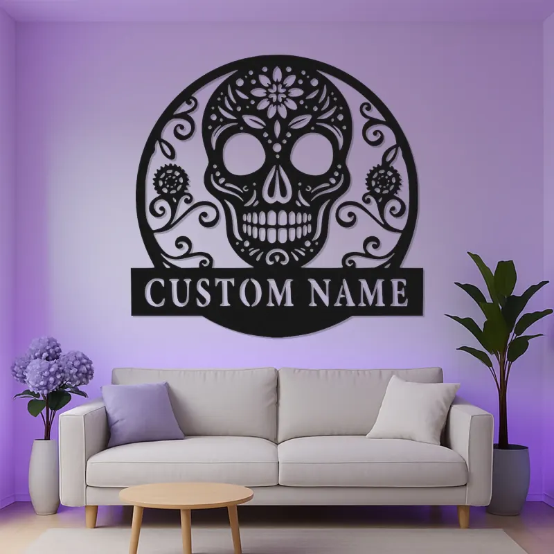 Sugar Skull LED Metal Wall Art | Personalized Day of the Dead Sign | Custom Name Gothic Decor for Home & Studio | Laser-Cut Metal
