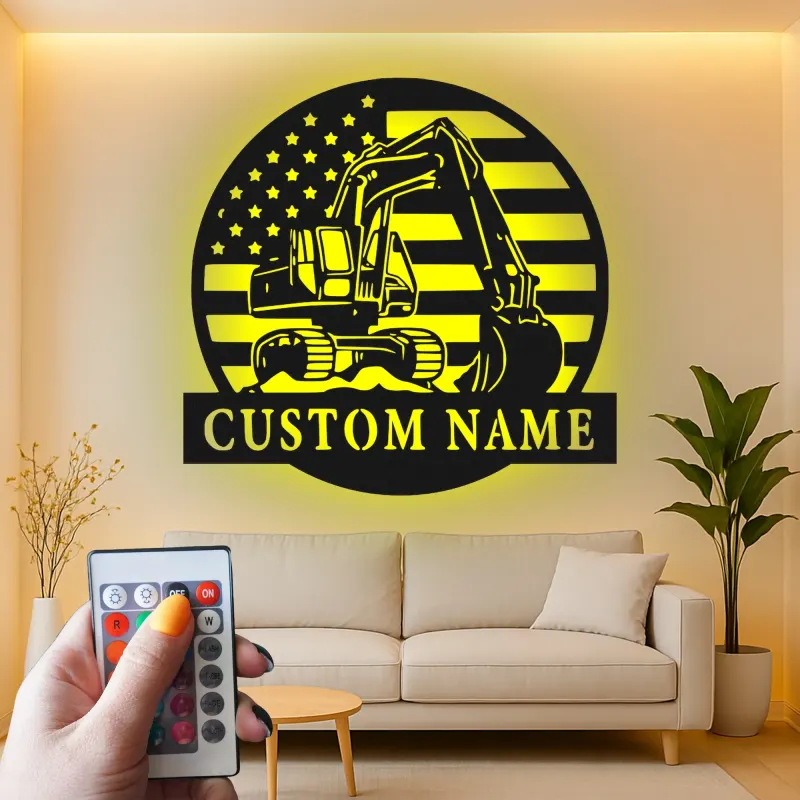 Cartel de metal LED personalizado de excavadora - Regalo para amante de la construcción - Decoración de cueva de hombre o garaje