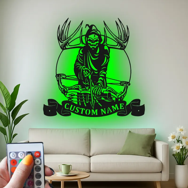 Grim Reaper Bow Hunter LED Sign | Custom Metal Wall Art | Personalized Hunter Gift for Man Cave | Hunting Decor