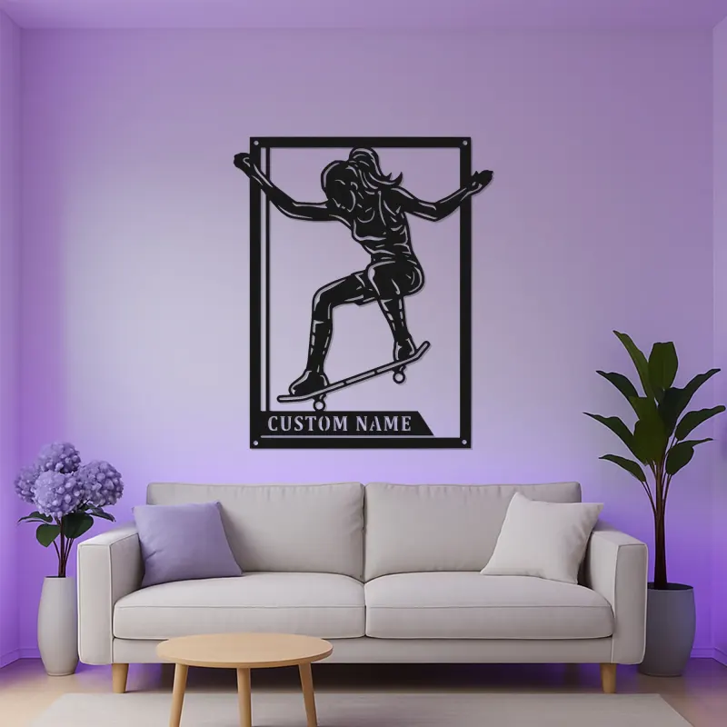 Panneau personnalisé de skateur féminin | Art mural en métal LED pour chambre d'adolescent | Décor de nom de skateur personnalisé | Cadeau pour sports d'action