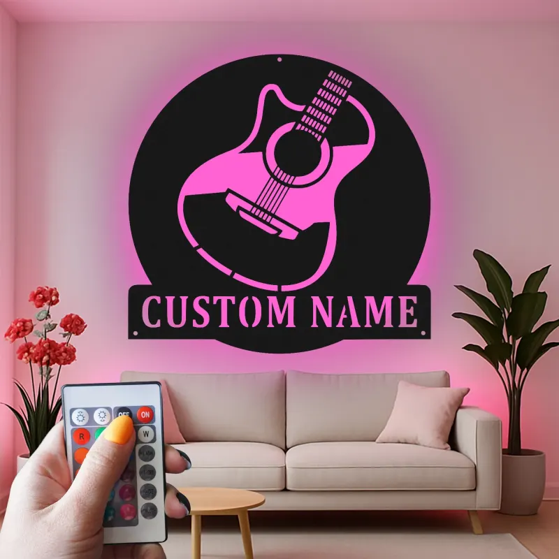Letrero LED de guitarra personalizado | Decoración mural de metal personalizada para músicos | Decoración para estudio y sala de música con nombre
