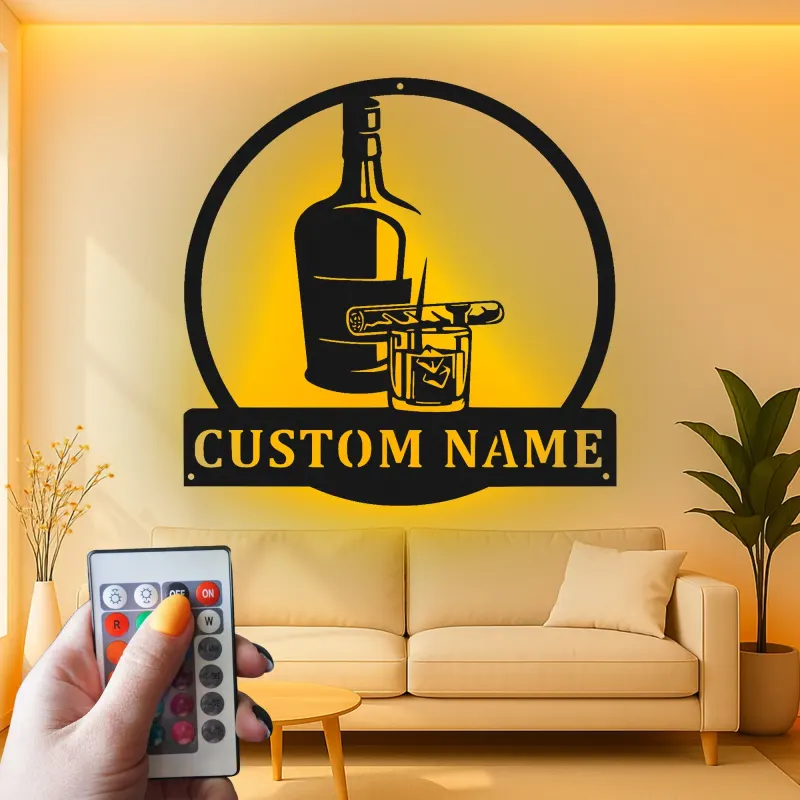 Décoration murale en métal personnalisée pour whisky et cigare avec rétroéclairage LED - Cadeau de bar personnalisé pour lui