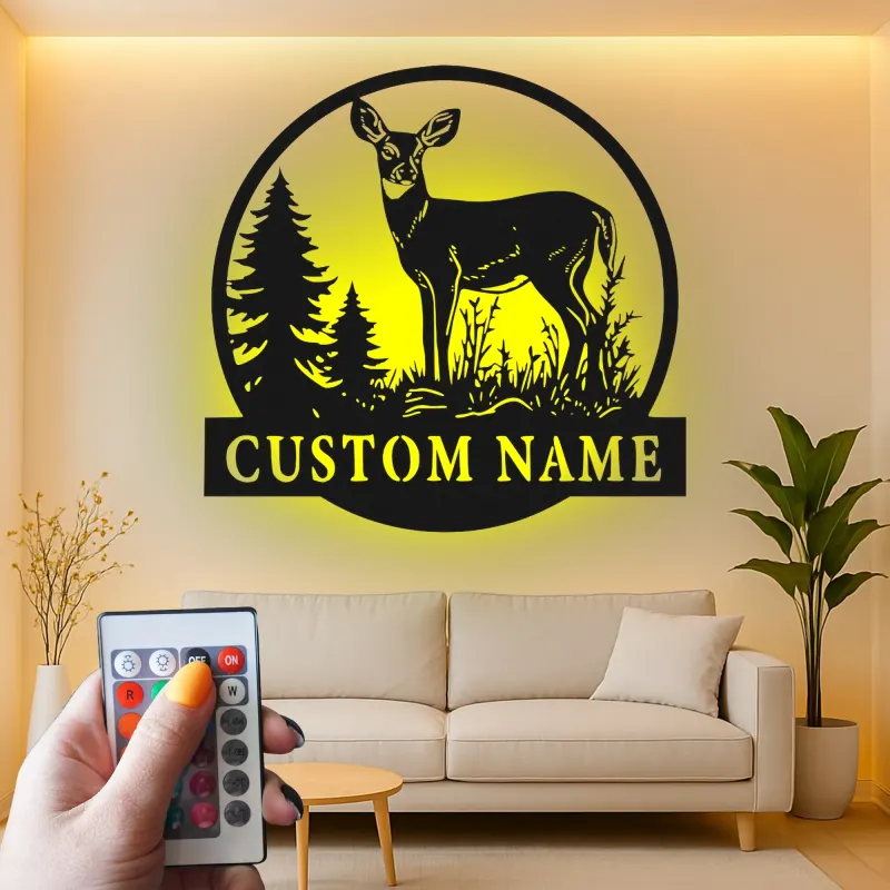 Custom Deer Led Light Metal Wall Art Personalized Nature Lover Gift Rustic Cabin Decor