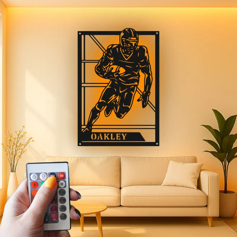Panneau personnalisé de joueur de football américain | Décoration murale en métal LED | Décor avec prénom personnalisé pour salle de jeux | Cadeau pour sportif