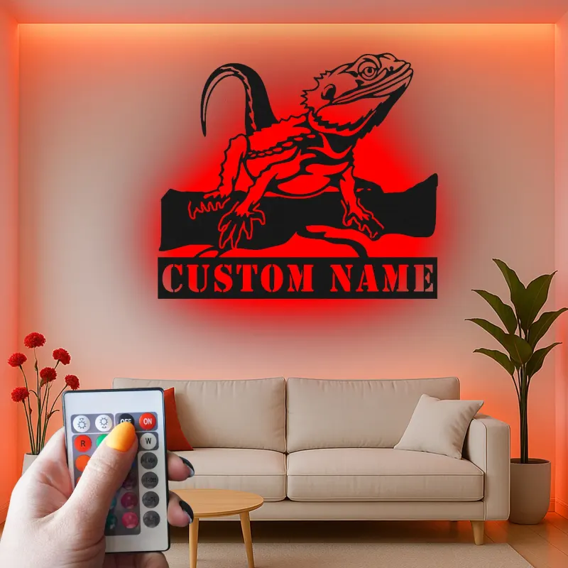 Insegna in metallo personalizzata con drago barbuto e luce LED regalo per amanti dei rettili decorazione per camera da letto o soggiorno