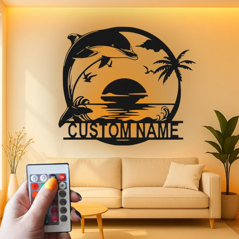 Cartel de metal personalizado con delfines al atardecer y luz LED, regalo para amantes de la playa, decoración costera para el salón