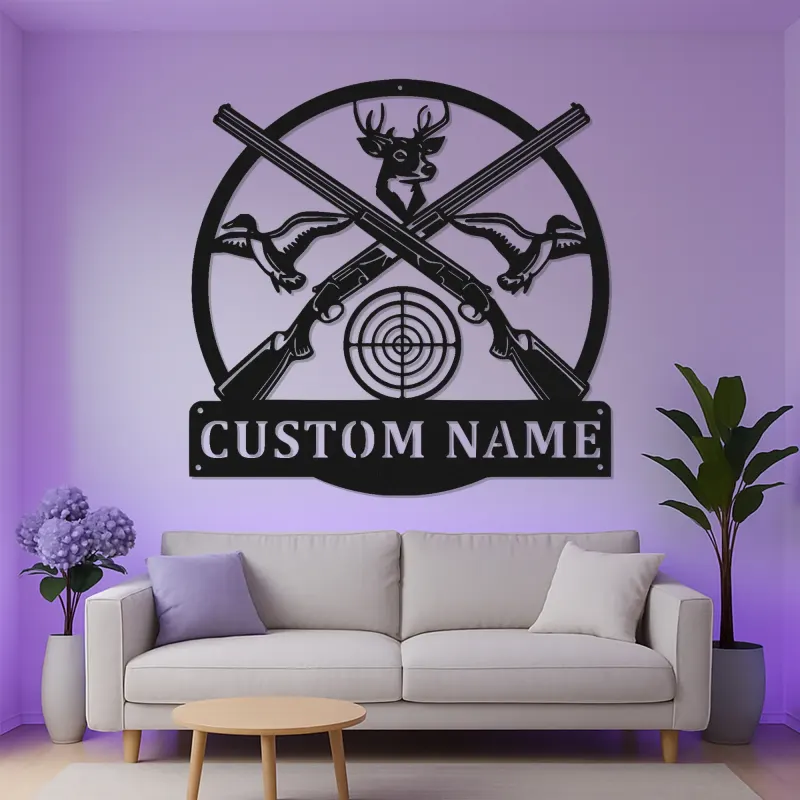 Panneau LED de chasse personnalisé | Décoration murale en métal cerf et fusil | Décor rustique pour man cave | Cadeau unique pour chasseurs