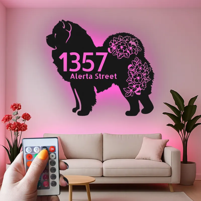 Insegna in metallo LED personalizzata Chow Chow, regalo per amanti dei cani, decorazione per indirizzo esterno