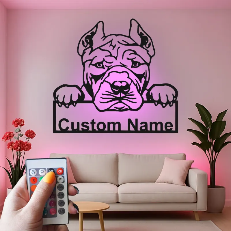 Panneau en métal LED personnalisé Pitbull | Art de silhouette de chien personnalisé | Cadeau pour amoureux des animaux | Décor moderne pour la maison