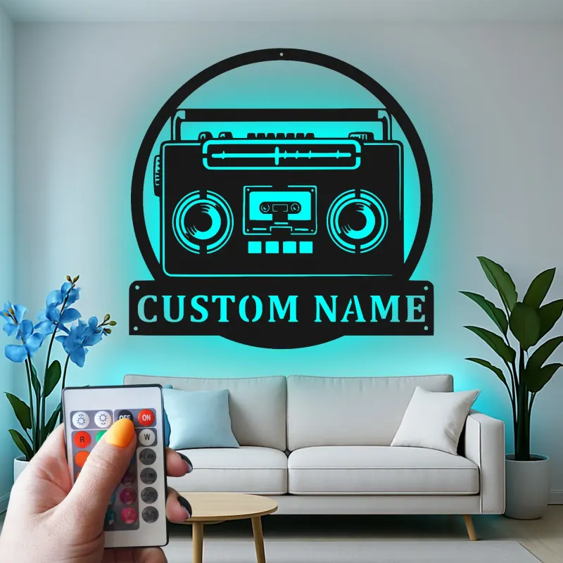 Cartel de metal personalizado con luz LED de boombox, regalo para amantes de la música, decoración retro para sala de juegos
