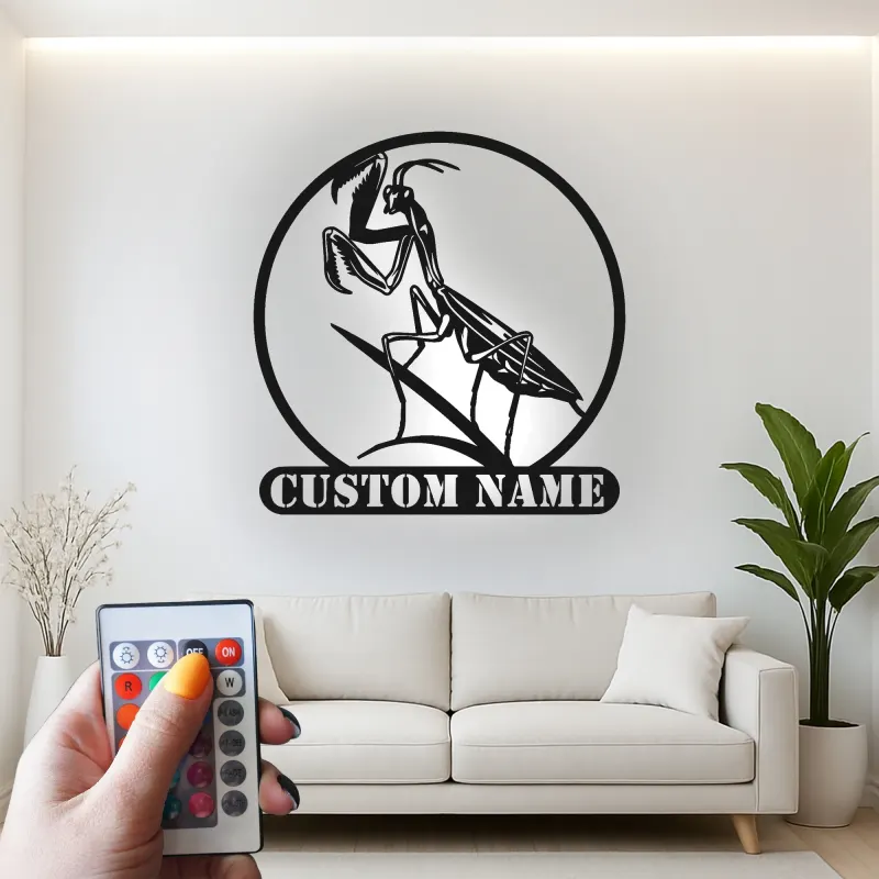 LED-Metall-Wandkunst mit Gottesanbeterin | Personalisierte Insekten-Schild | Biophiles Dekor für Zuhause & Garten | Geschenk für Naturfreunde