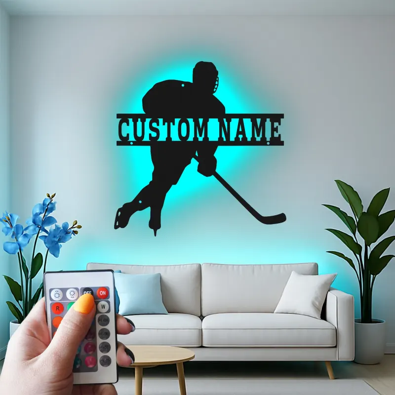 Personalisierte Hockey Spieler LED-Schild | Individuelle Namens Metall-Wandkunst | Spielzimmer Dekor & Geschenk für Athleten