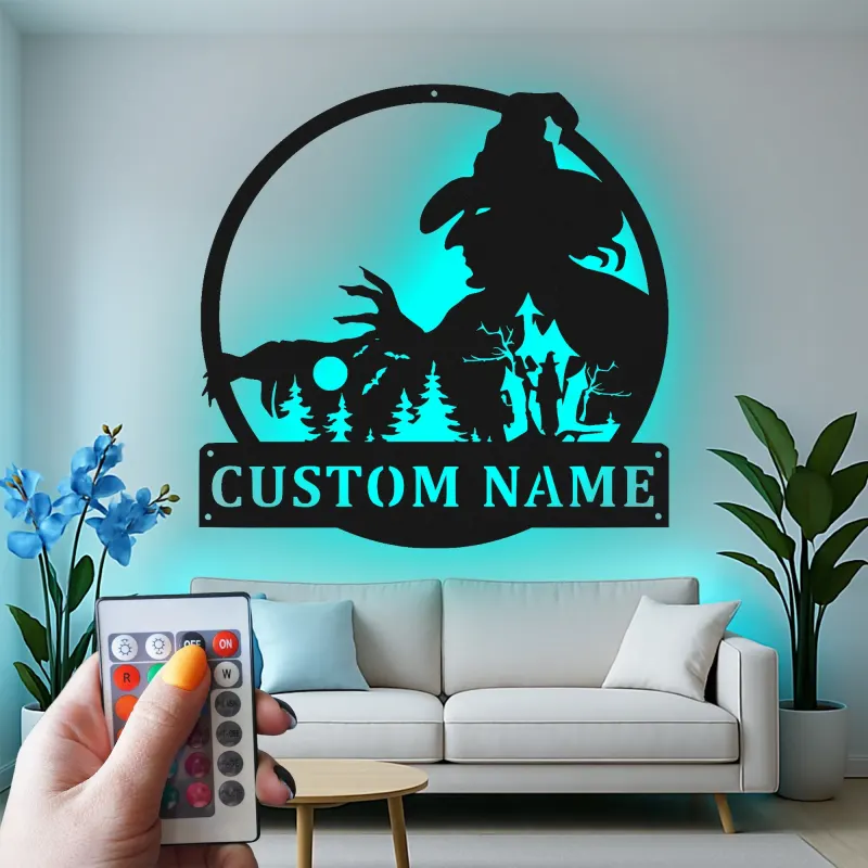 Cartel de metal personalizado con escena de bosque de brujas y luz LED Regalo único de Halloween Decoración espeluznante para el hogar