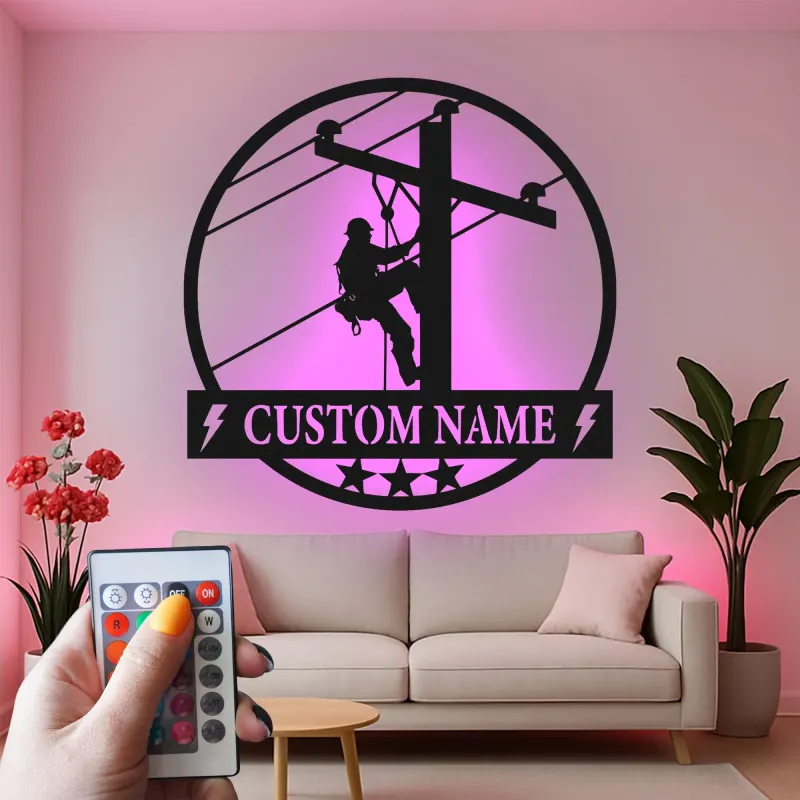 Décoration murale LED en métal Lineman | Cadeau personnalisé pour électricien | Plaque prénom sur mesure pour agent de réseau | Déco de man cave