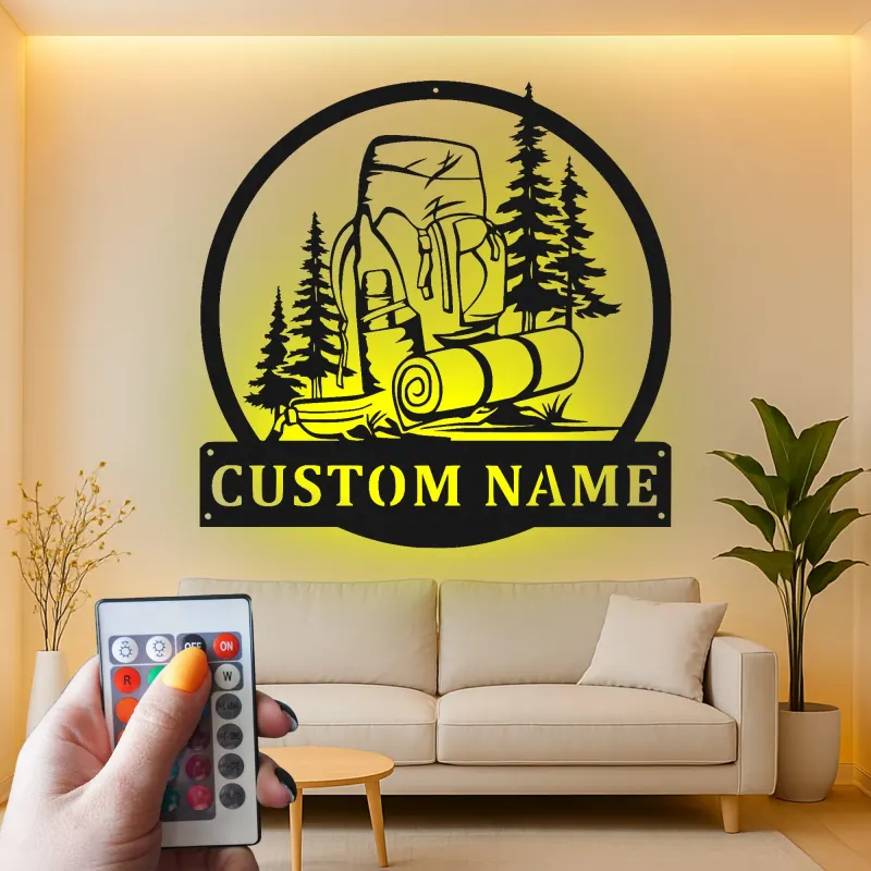 Cartel LED de camping personalizado | Arte mural de senderismo personalizado | Decoración de cabaña y regalo de aventura al aire libre
