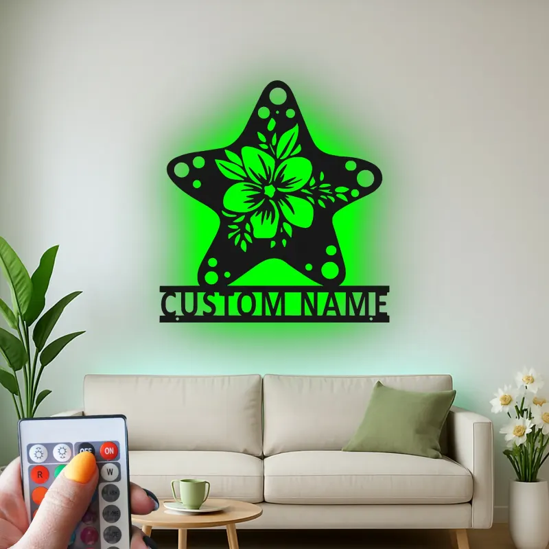 Cartel Personalizado de Hibisco y Estrella de Mar | Arte de Metal de Pared Personalizado con LED | Decoración de Casa de Playa Costera y Carteles para Salones