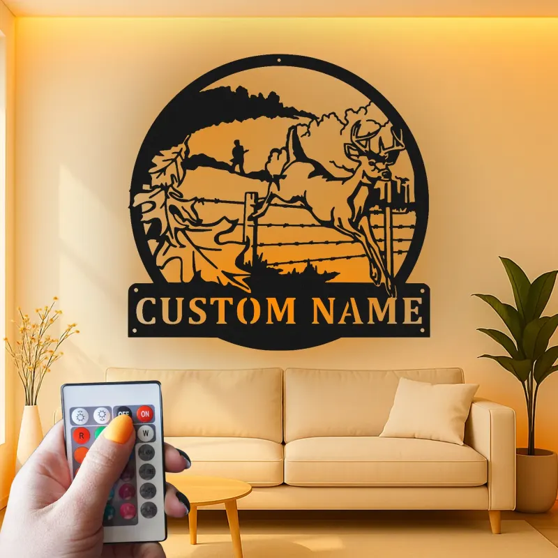 Décoration murale en métal personnalisée pour chasseur de cerfs avec rétroéclairage LED - Cadeau personnalisé pour chasseurs - Décor de cabane rustique 2