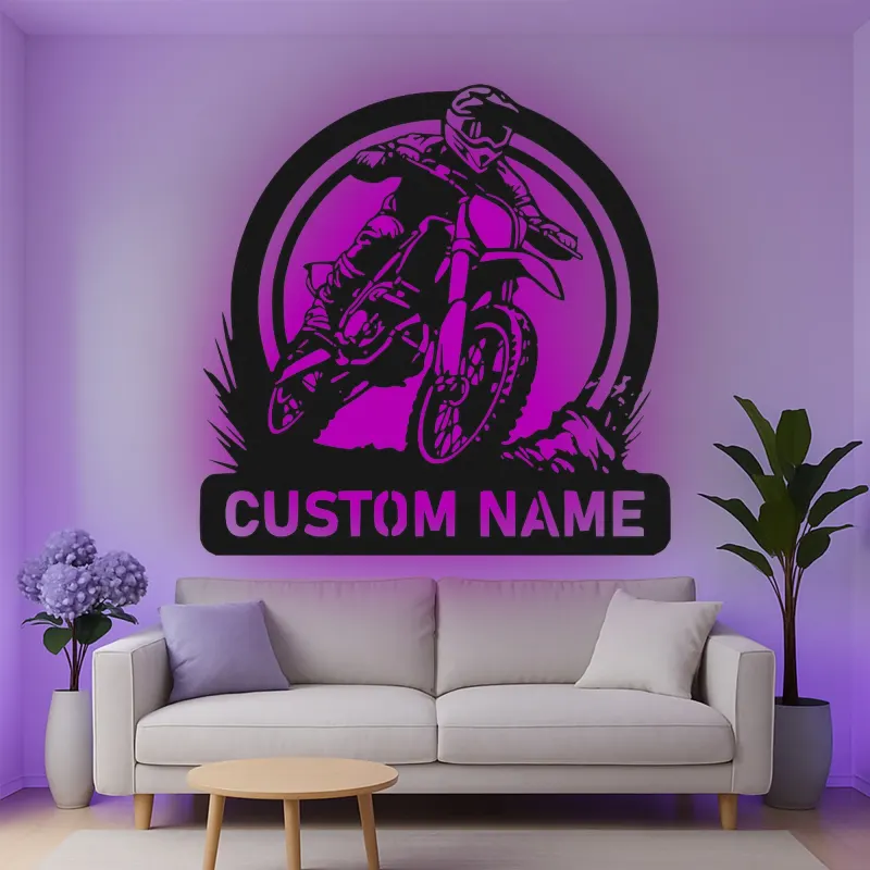 Personalisierte Metall-Wandkunst mit LED-Beleuchtung für Motocross-Fahrer – Geschenk für Dirtbike-Enthusiasten, Garage oder Spielzimmer Dekor