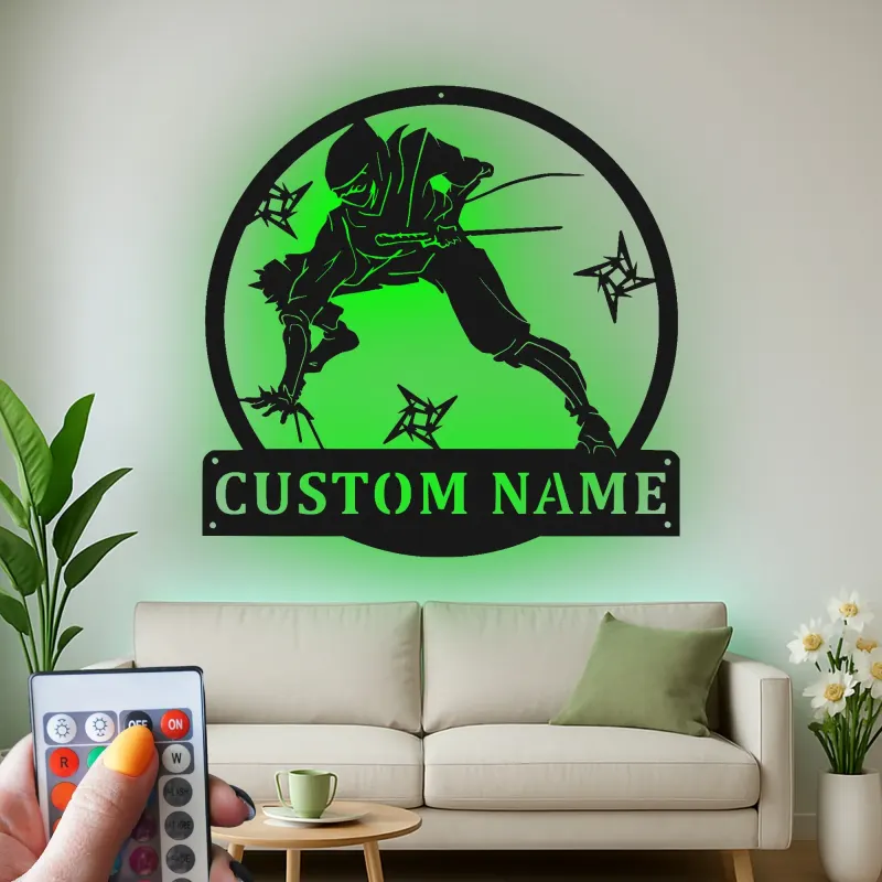 Cartel LED personalizado de ninja guerrero | Decoración mural de metal personalizada | Decoración de artes marciales para sala gamer y dojo