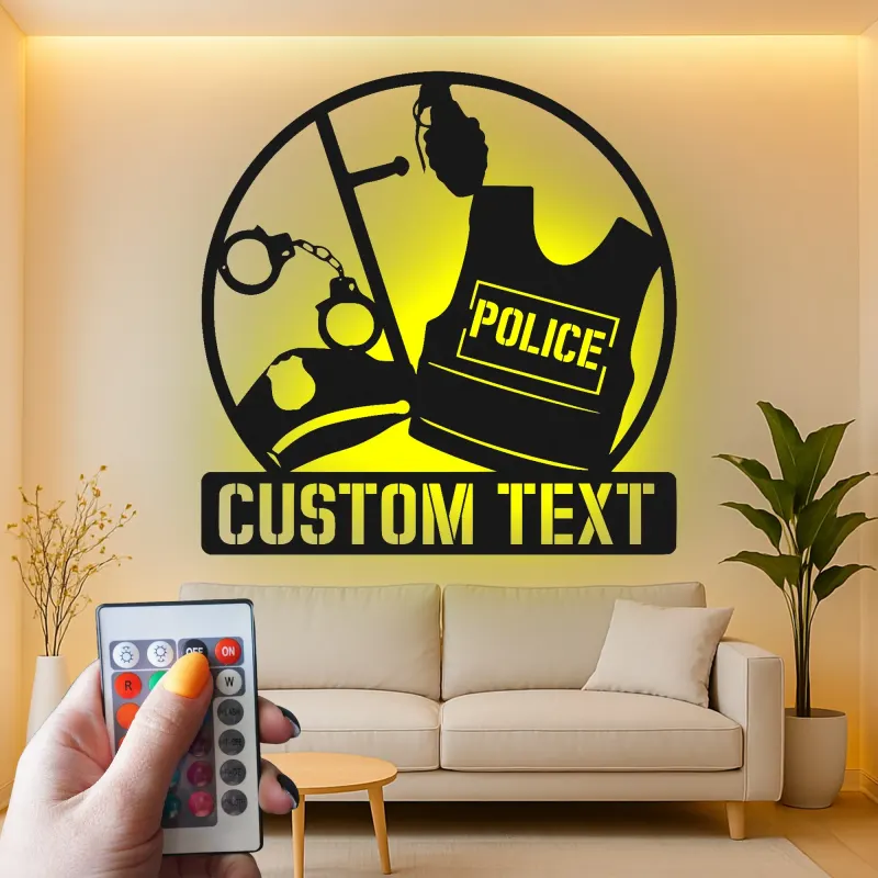 Personalized Police Gear Metal Sign | LED Law Enforcement Wall Art | Custom Officer Name Plaque | Cop Retirement & Academy Gift