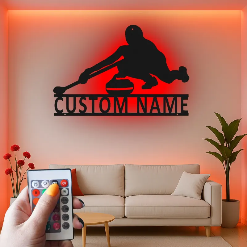 Insegna in metallo personalizzata con luce LED a tema giocatore di curling regalo per appassionati di curling decorazione per sala giochi