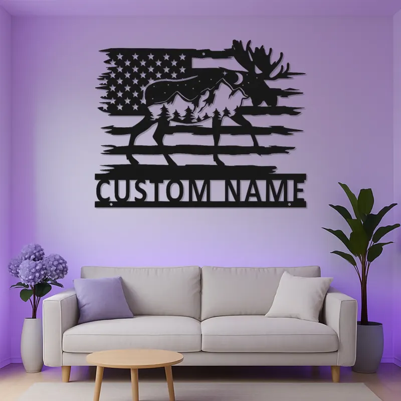 Custom Moose Metal Wall Art | Personalized LED American Flag Sign | Rustic Cabin Decor & Lodge Gift