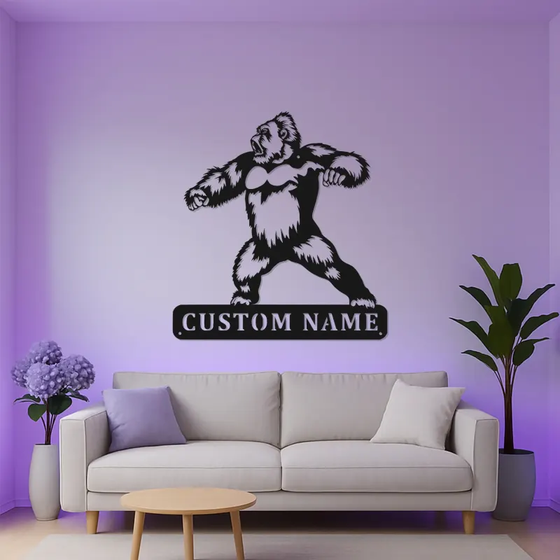 Arte murale in metallo LED con gorilla | Insegna personalizzata con nome per man cave | Arredo personalizzato con fauna selvatica | Silhouette animale retroilluminata