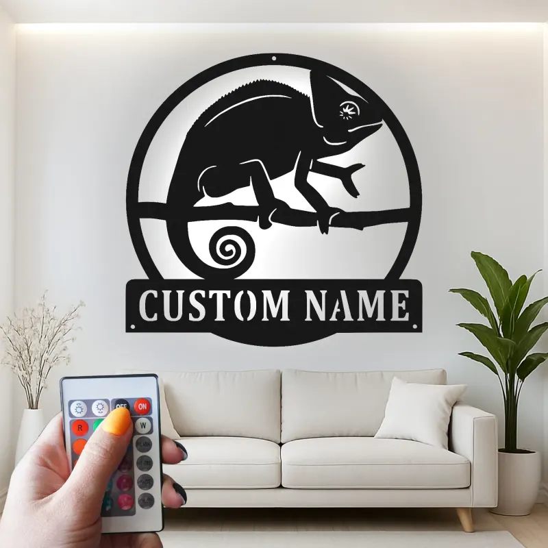 Cartel de metal LED personalizado de camaleón, regalo único para amantes de los reptiles, decoración de dormitorio o salón 1