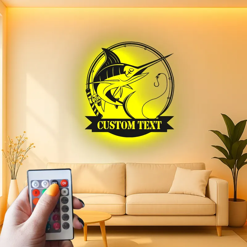 Insegna in Metallo LED Pesce Marlin Personalizzata | Insegna Decorativa per Pesca | Regalo per Pescatore per Man Cave o Cabina