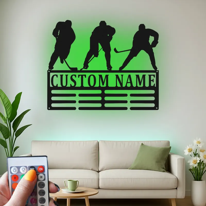 Panneau prénom hockey personnalisé | Décoration murale en métal LED pour salle de jeux | Silhouette de joueur personnalisée | Cadeau pour amateur de sport