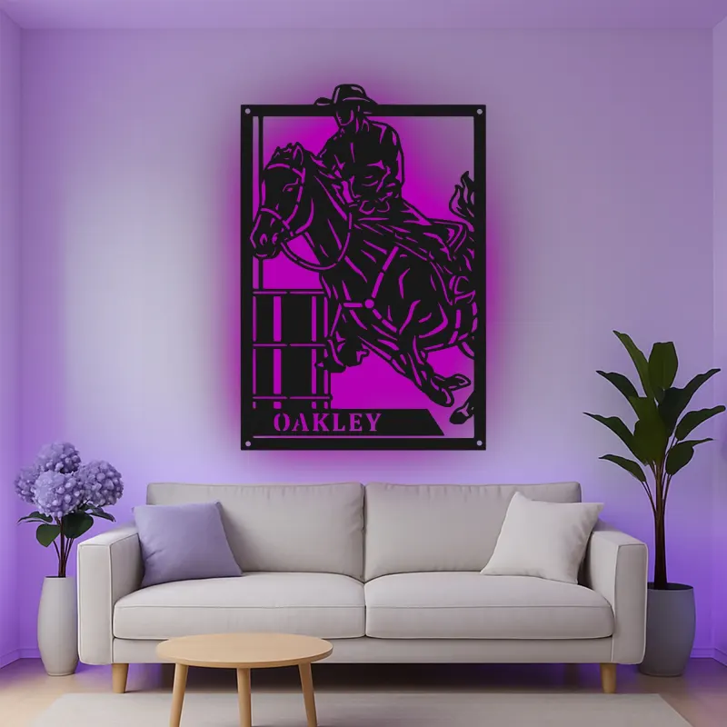 Décoration murale en métal personnalisée avec rétroéclairage LED de cavalier de baril - Cadeau équestre pour les amoureux des chevaux - Décor western pour le salon