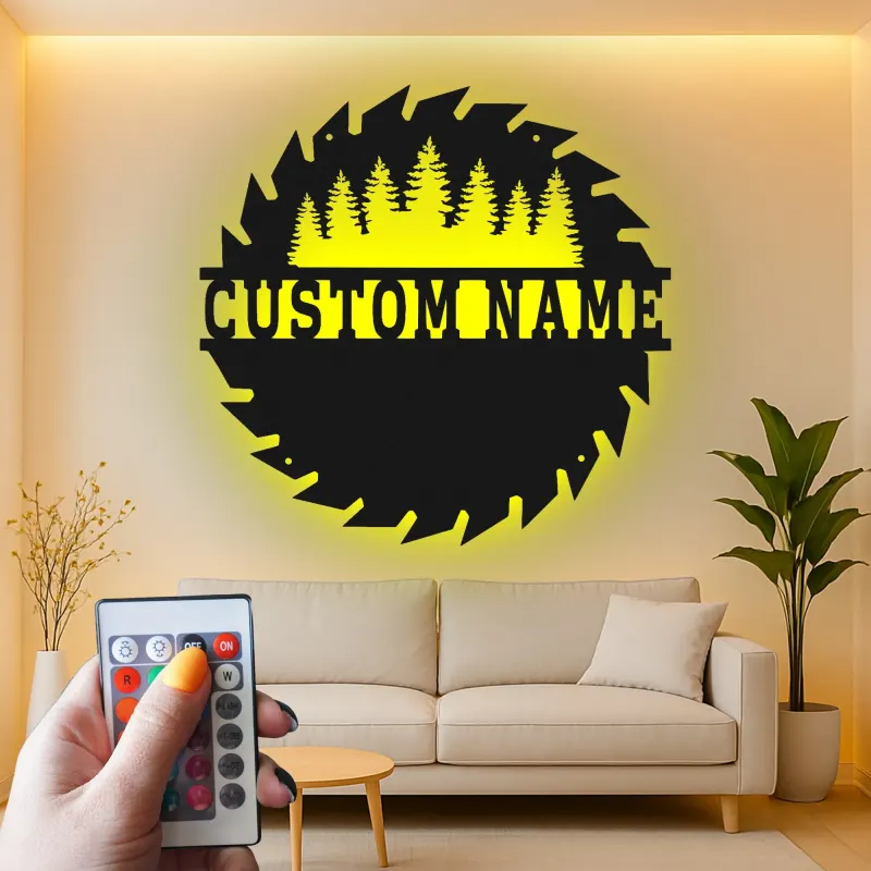 Cartel de metal LED del bosque de sierras personalizado, regalo para carpinteros, decoración rústica para el taller