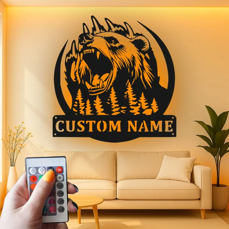 Personalisiertes LED-Licht Metallschild mit Grizzlybär – Geschenk für Naturfreunde, Dekoration für Hütte oder Lodge