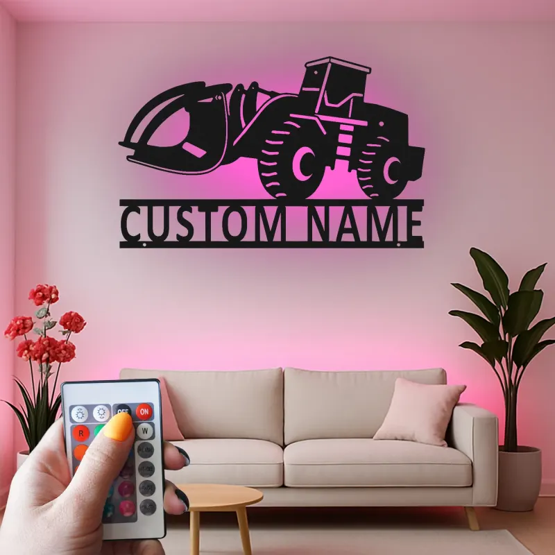 Décoration murale en métal LED personnalisée pour excavateur - Cadeau pour passionnés de construction - Décor de garage ou de bureau